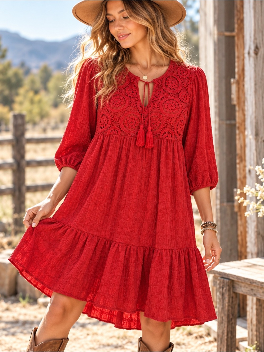 NWT Dokotoo Red Boho Crochet Lace Tiered Midi Dress Size S